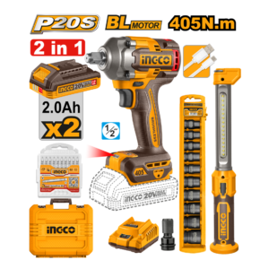 COMBO CHAVE DE IMPACTO ENCAIXE SEXTAVADO 1/2” 405N.m À BATERIA ÍON-LÍTIO 20V C/2 BAT 2.0Ah + LAMPADA DE TRABALHO LED 3,6B + JG SOQ DE IMPACTO C/10PC + ADAPT 1/2" PARA 1/4" +  JG C/10 BITS 65MM INGCO COSLI23056-9